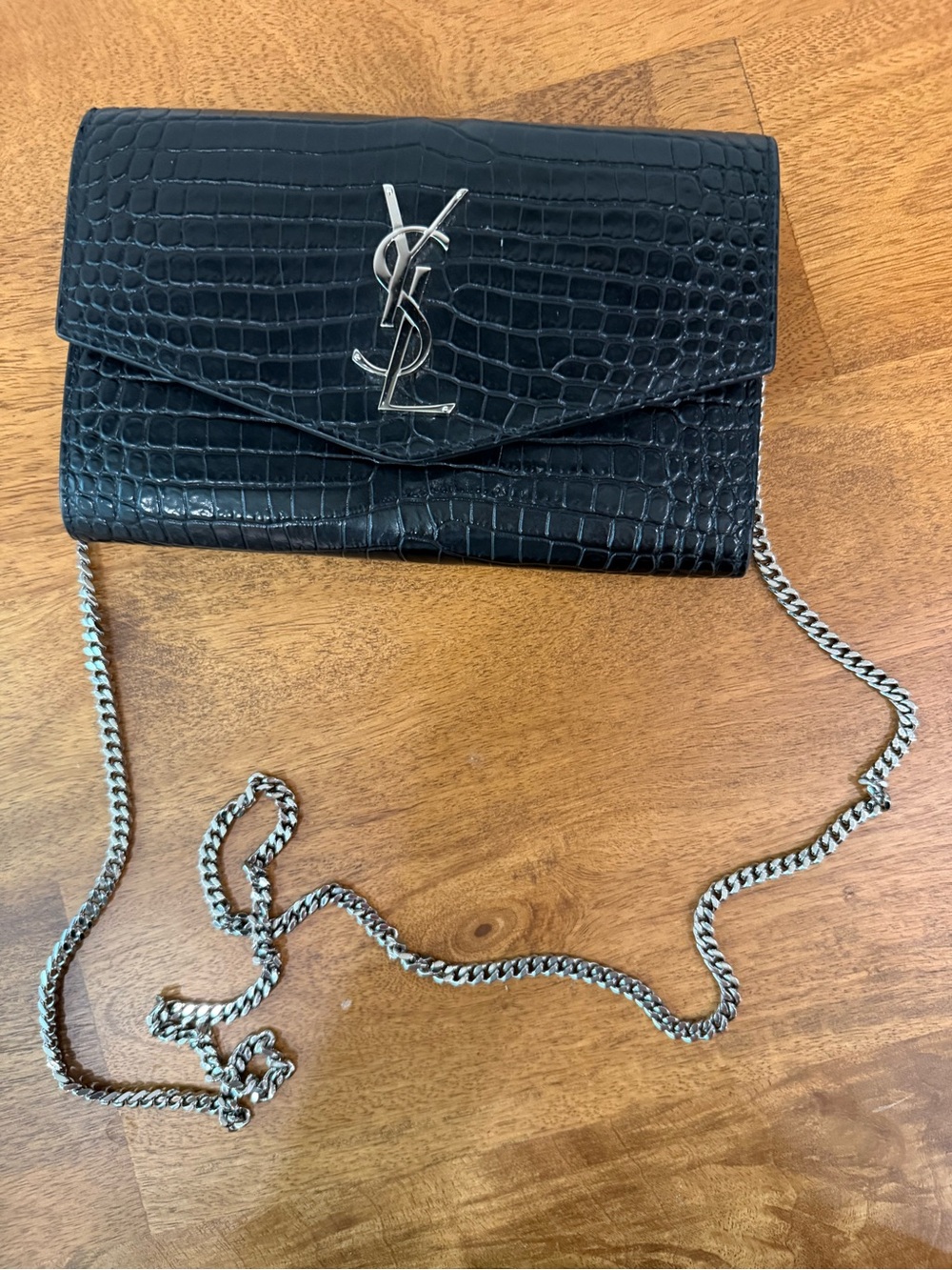 Saint Laurent Black Croc-Embossed Chain Crossbody with silver YSL Logo